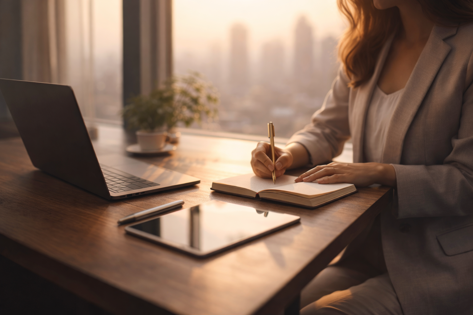 Anhar writing at a desk
